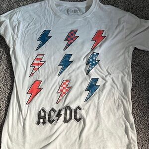 AC/DC White Tee with Red and Blue Lightning Bolts